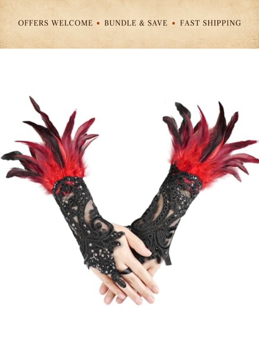 Lace Feather Long Gloves Gothic Costume Accessories
